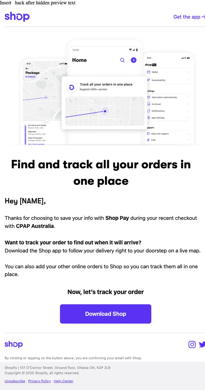 Shop tracking email, full length