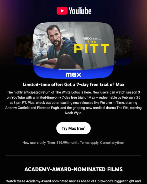 YouTube Primetime promotional email