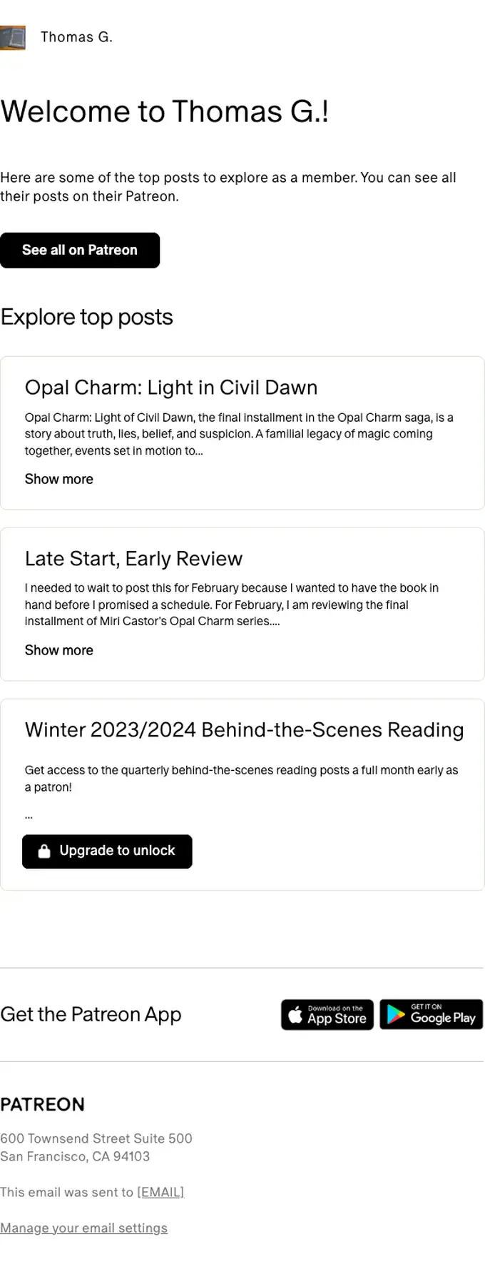 Patreon welcome email, full length