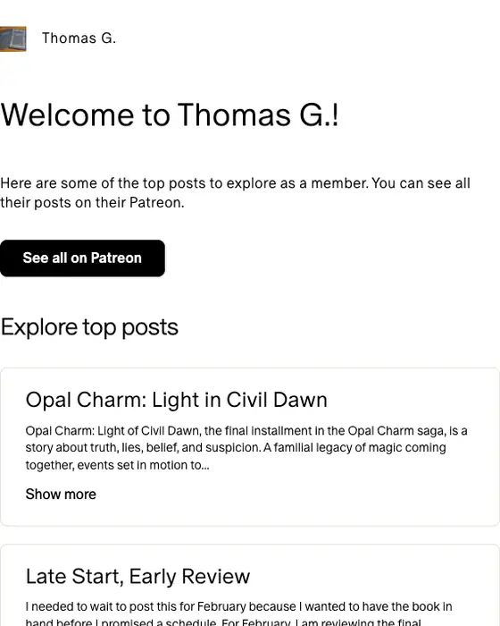 Patreon welcome email