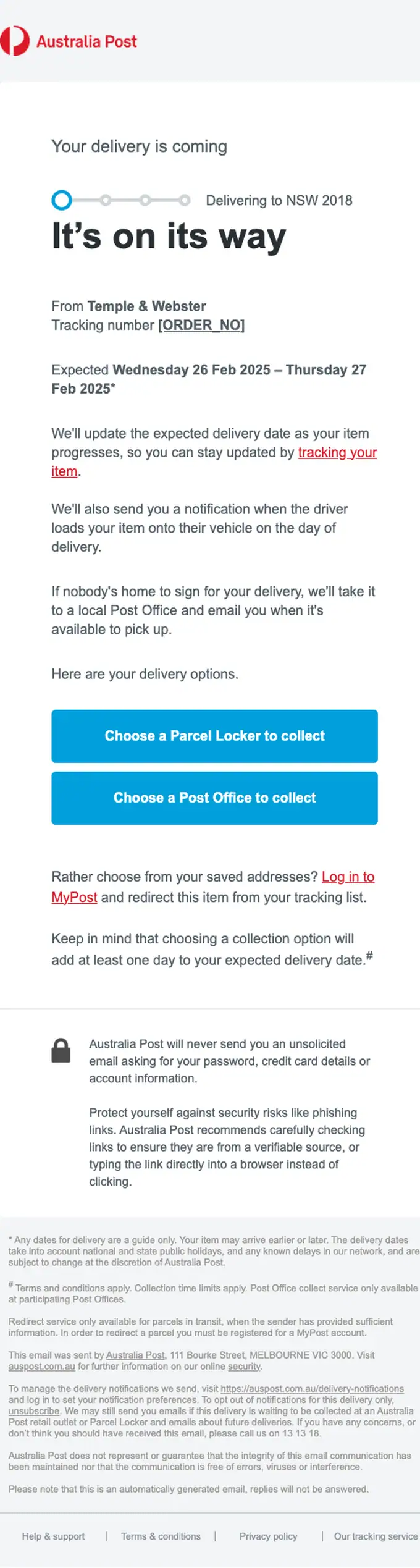 Australia Post delivery email, full length