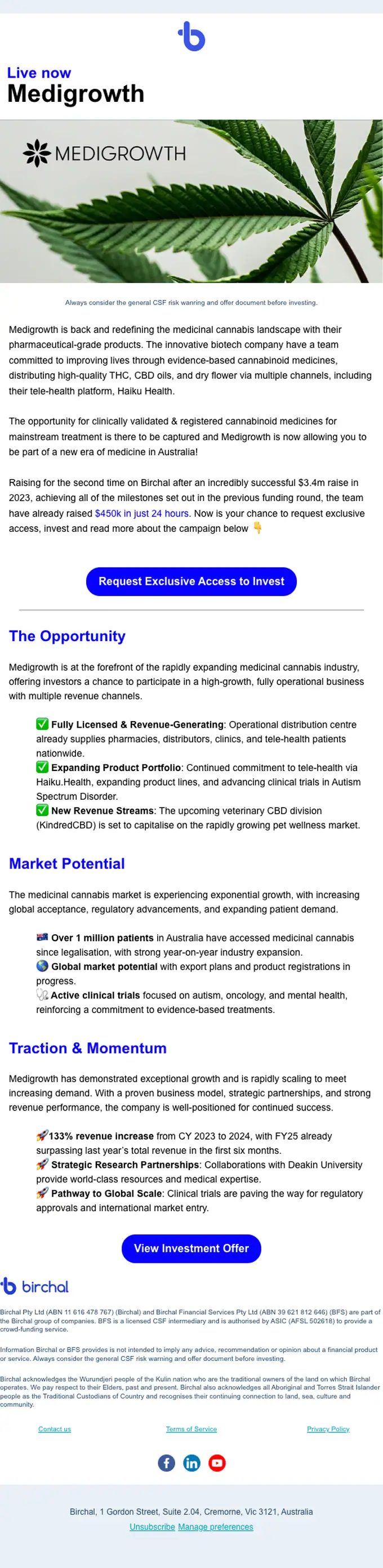 Birchal promotional email, full length