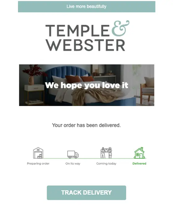 Temple & Webster delivery email: Order delivered