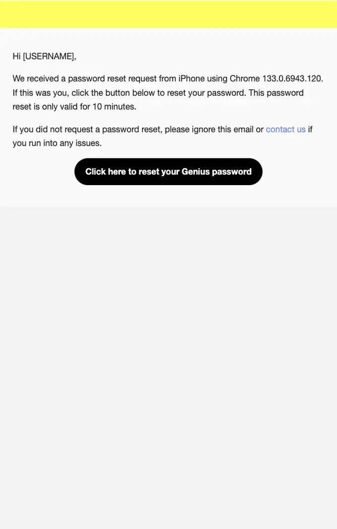 Genius password reset email, full length