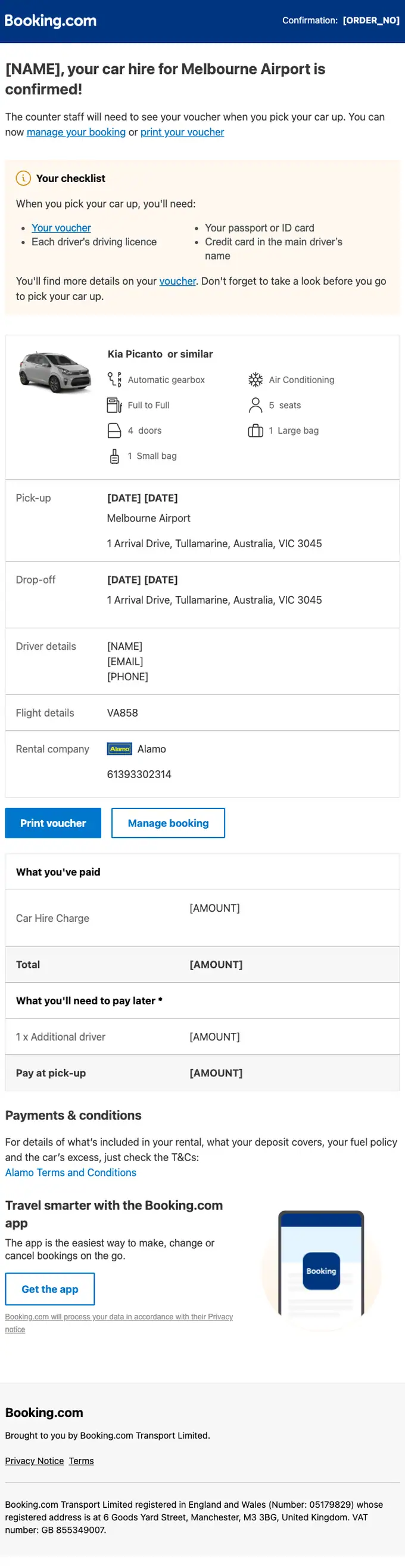 Booking.com booking confirmation email, full length