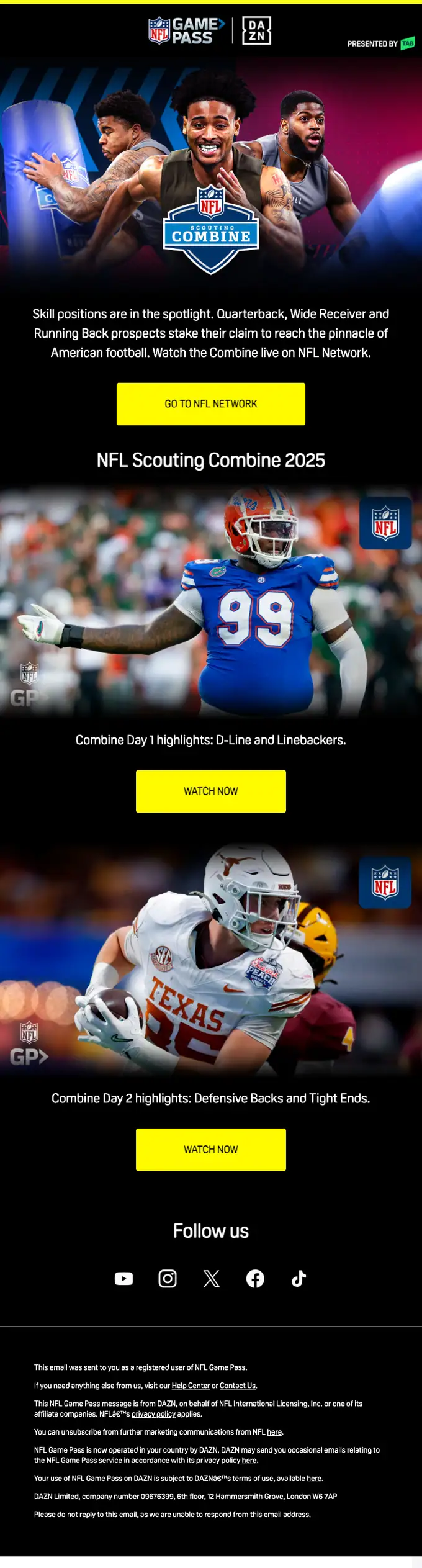 NFL Game Pass from DAZN promotional email, full length