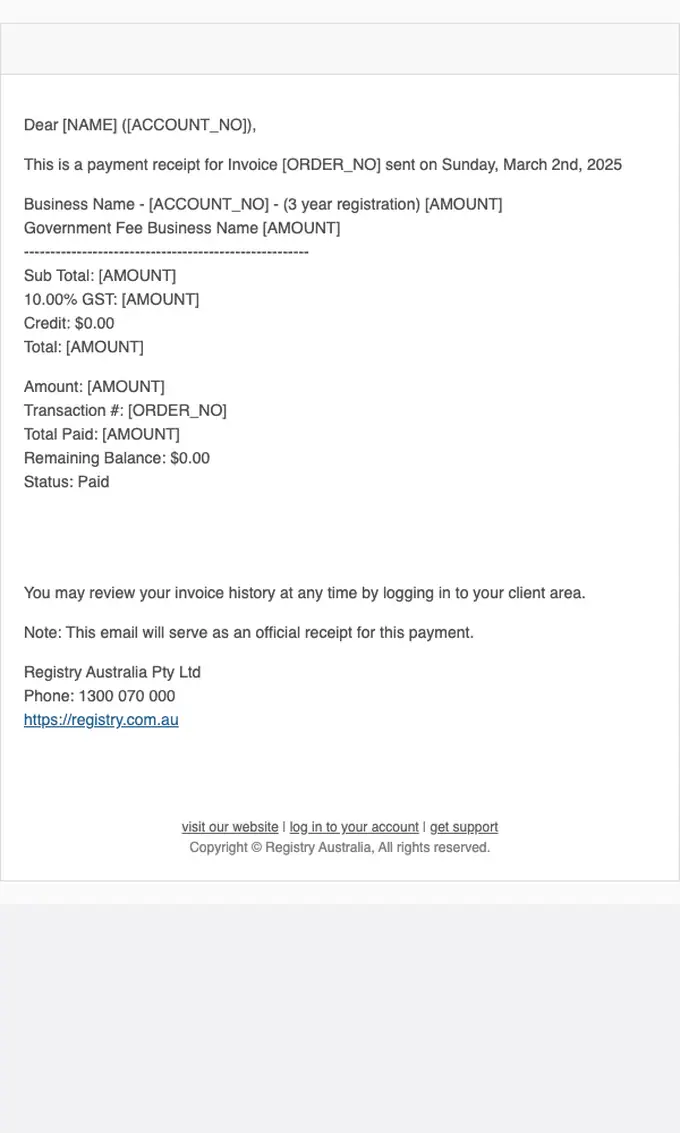 Registry Australia payment confirmation email, full length