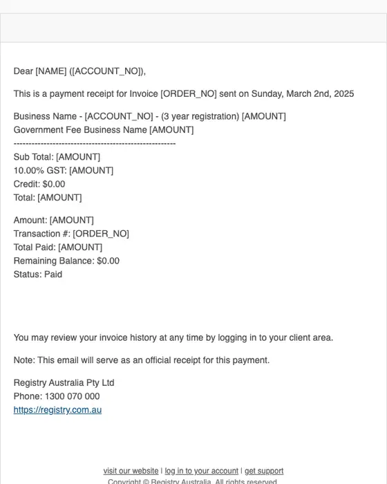 Registry Australia payment confirmation email