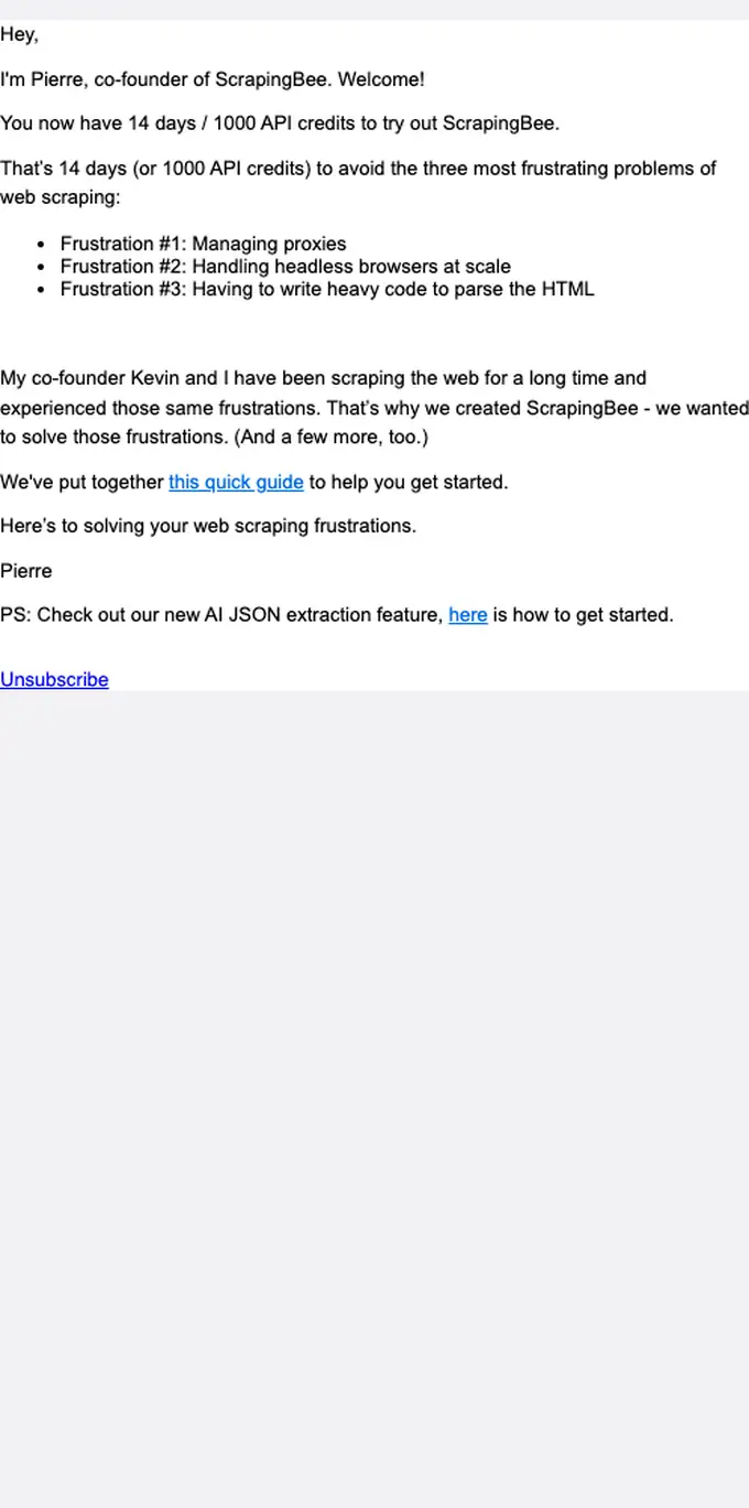 ScrapingBee welcome email, full length
