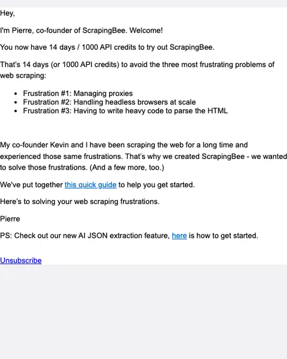 ScrapingBee welcome email