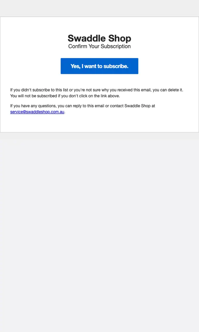 Swaddle Shop double opt in email, full length