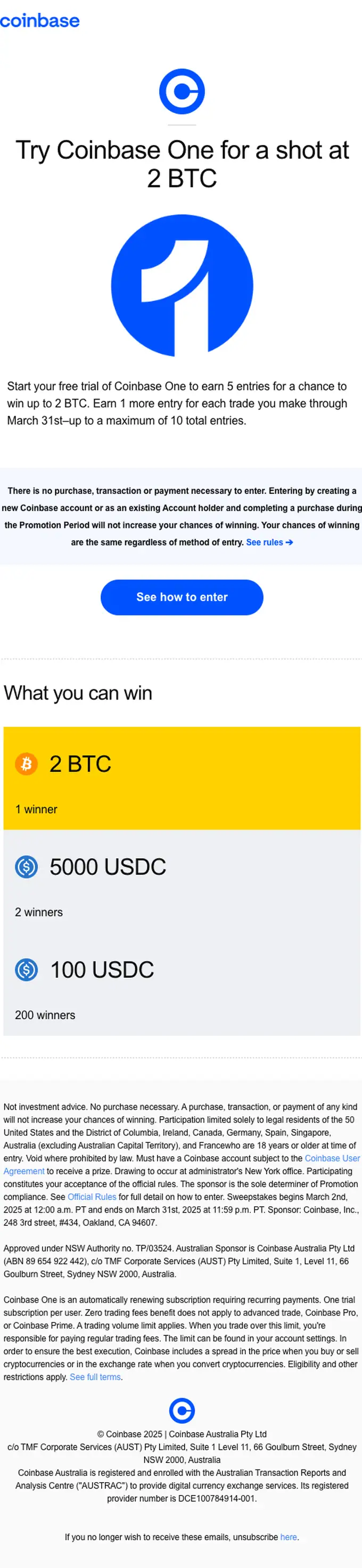 Coinbase promotional email, full length
