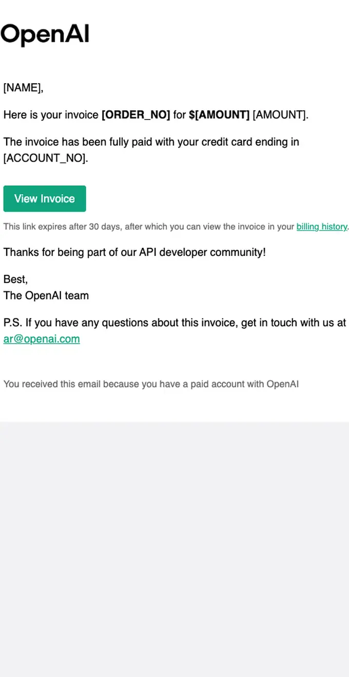 OpenAI invoice email, full length