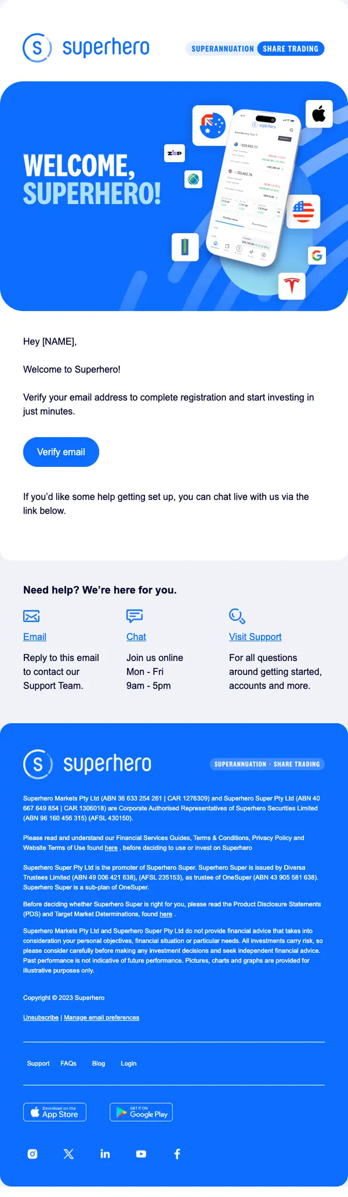 Superhero welcome email, full length