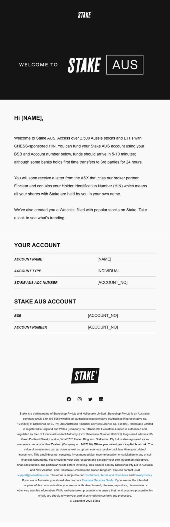 Stake welcome email, full length