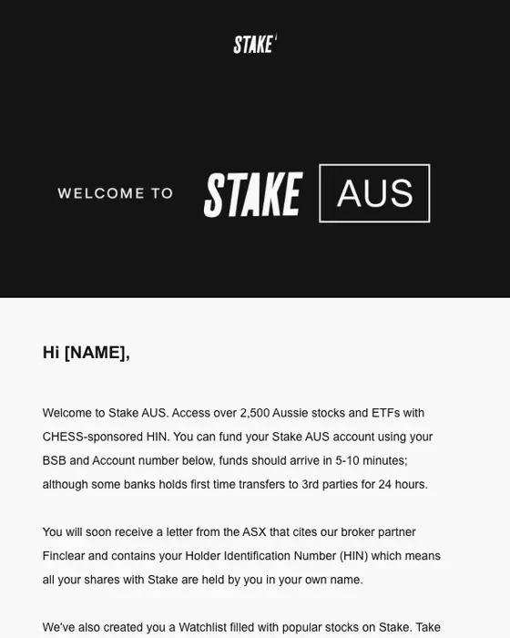 Stake welcome email