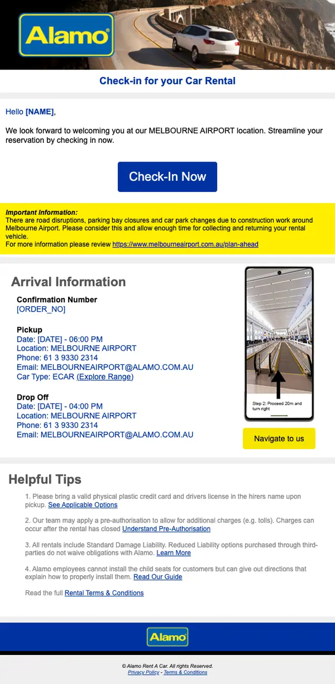 Alamo Rent A Car booking confirmation email, full length
