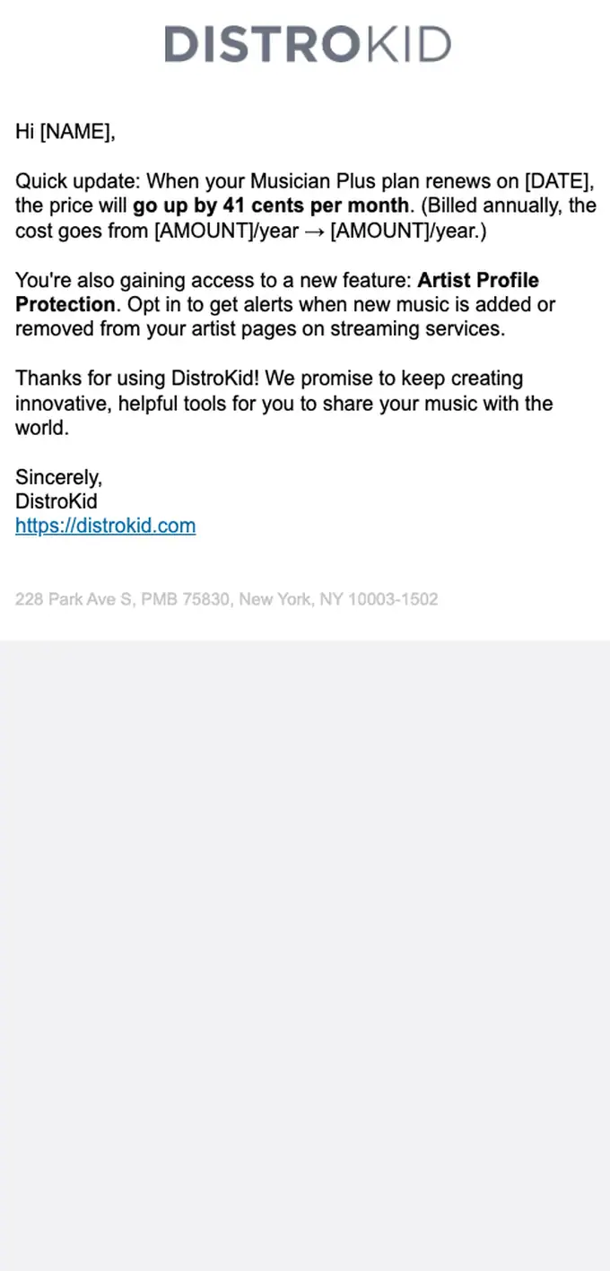DistroKid account notice email, full length