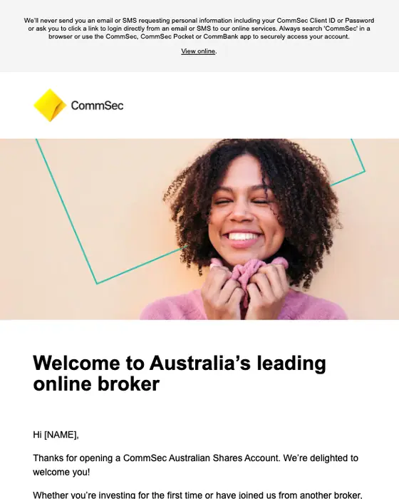 CommSec welcome email