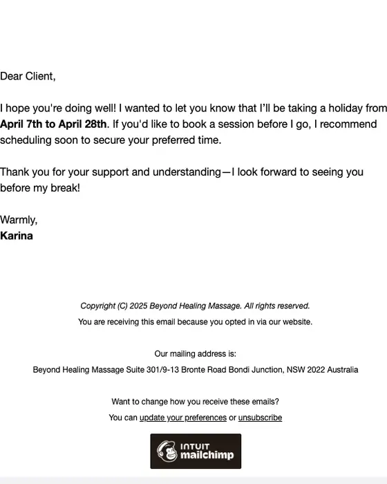 Beyond Healing Massage appointment email