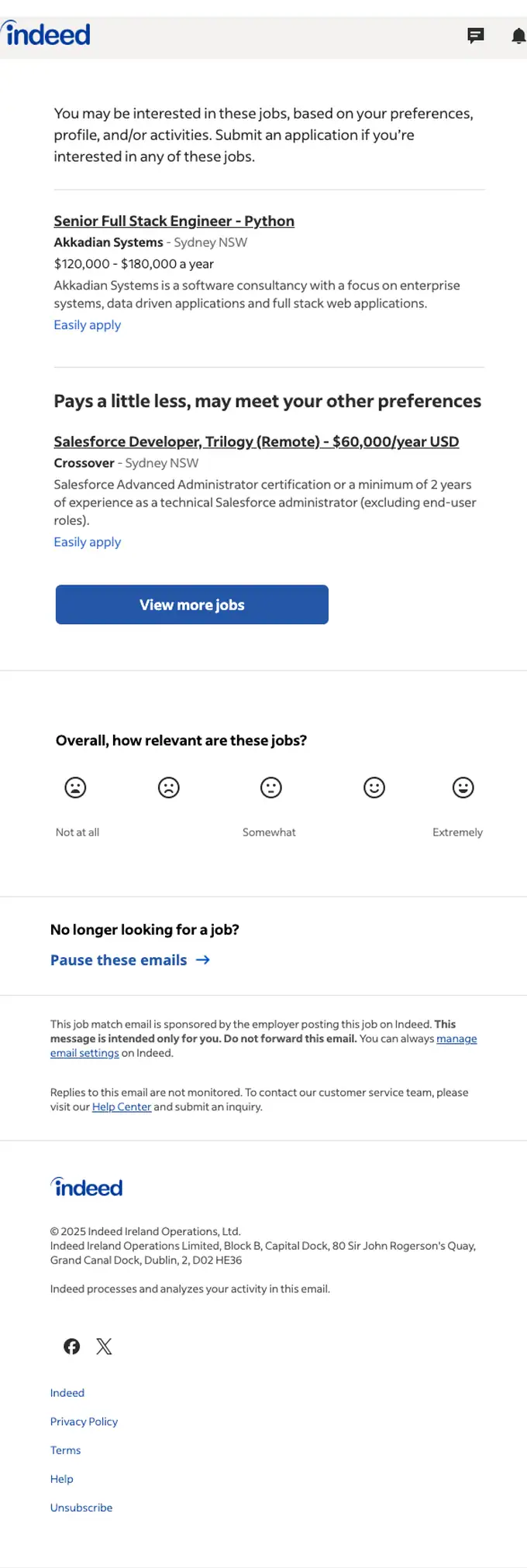 Indeed job alert email, full length