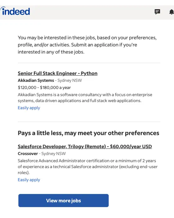 Indeed job alert email