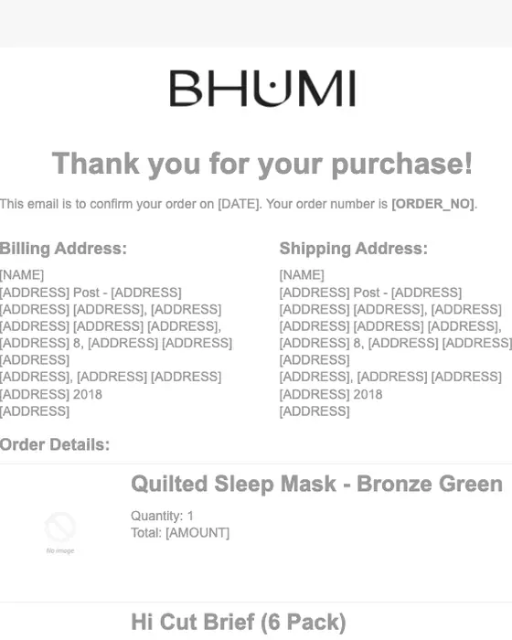 Bhumi Organic Cotton (AU) order confirmation email