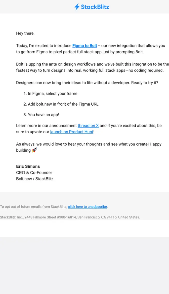 StackBlitz product launch email, full length