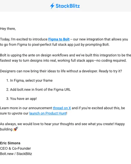 StackBlitz product launch email