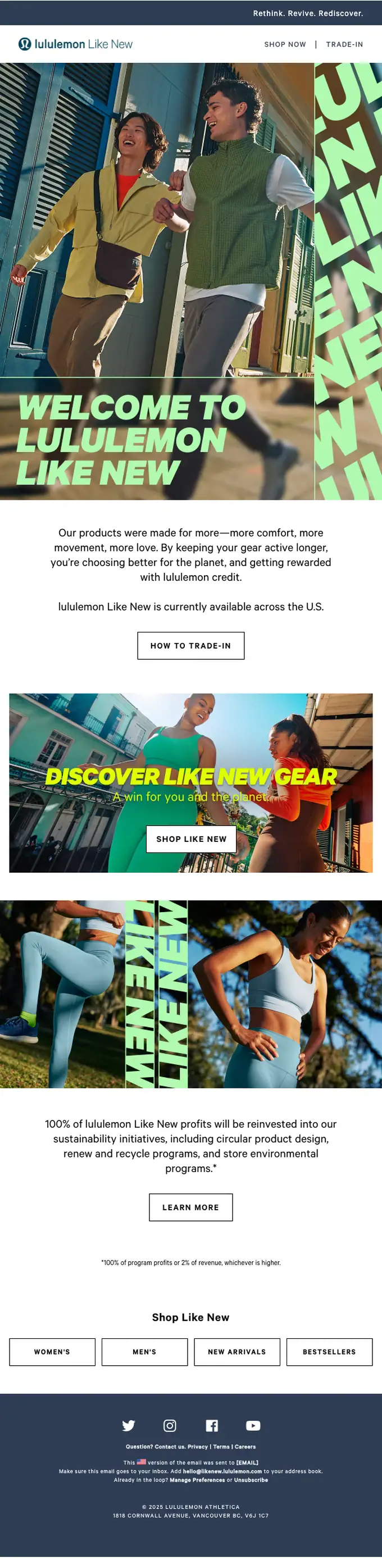 lululemon Like New welcome email, full length