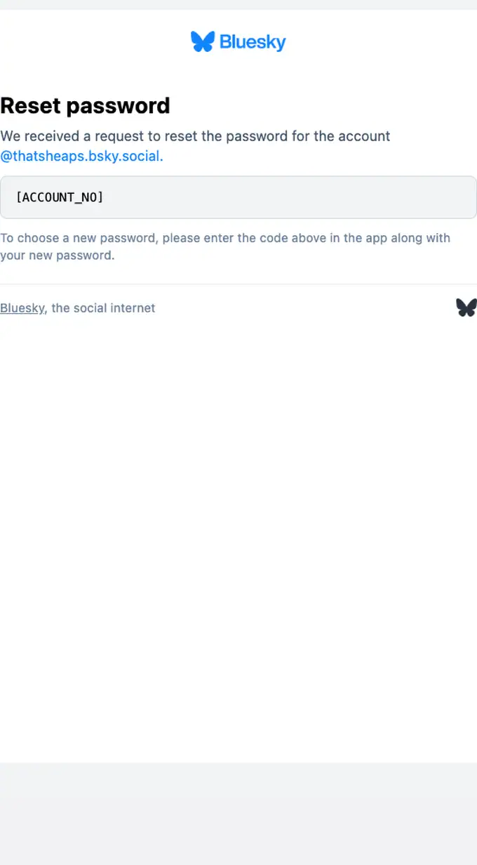 Bluesky password reset email, full length
