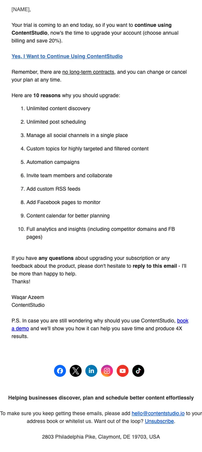 ContentStudio expiration notice email, full length