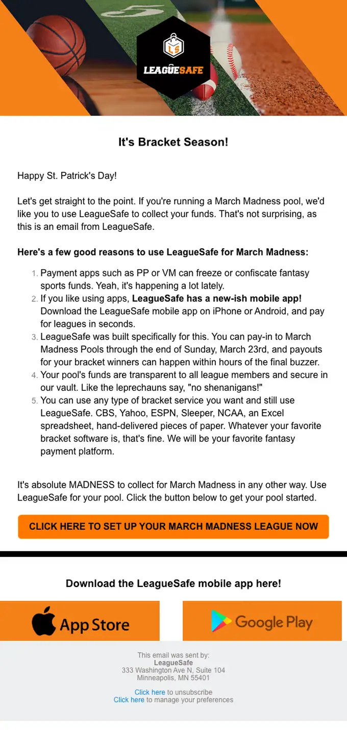 LeagueSafe promotional email, full length