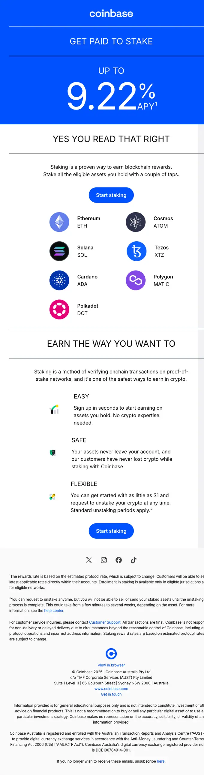 Coinbase promotional email, full length