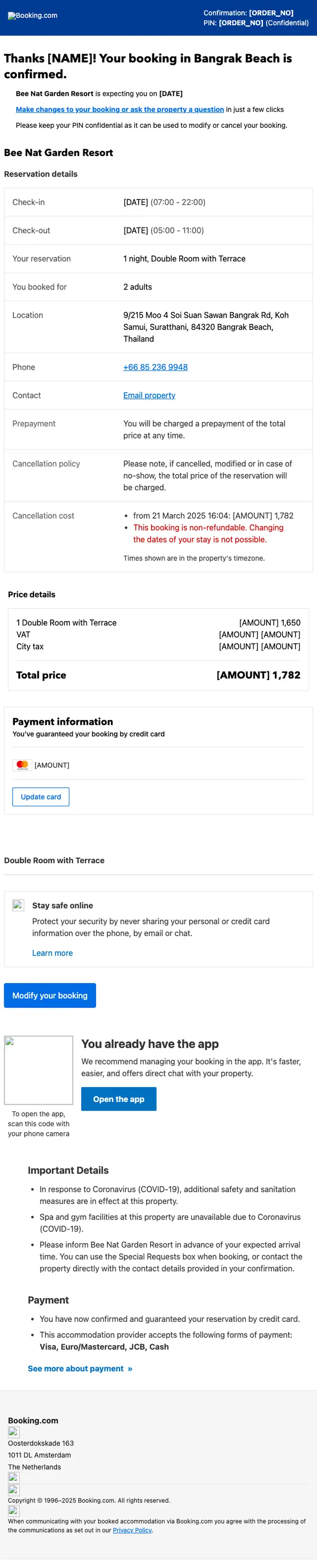 Booking.com booking confirmation email, full length