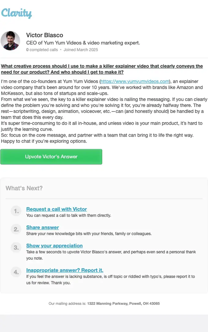 Clarity account notice email, full length