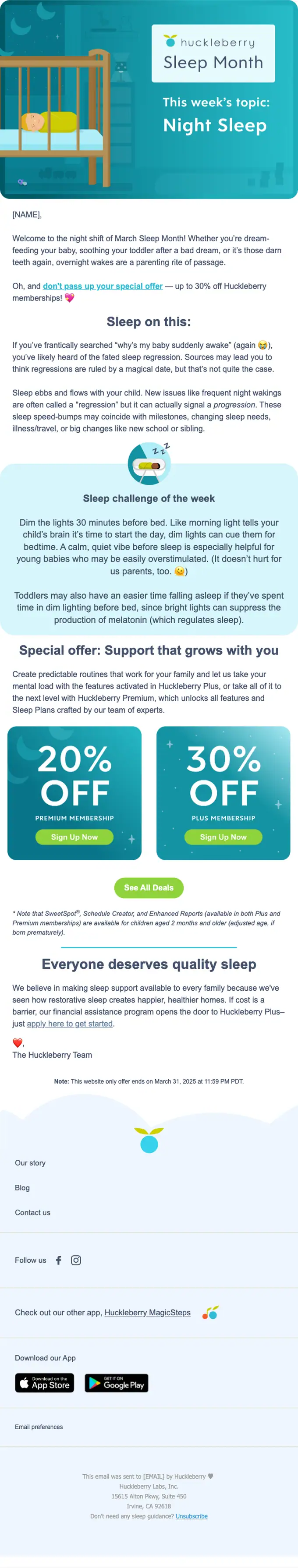 Huckleberry newsletter email, full length