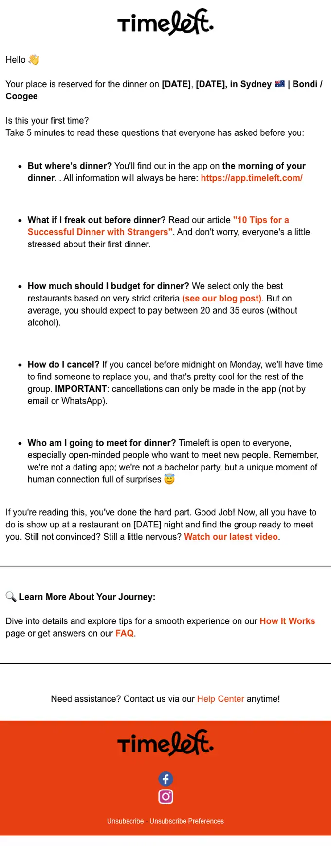 Timeleft booking confirmation email, full length