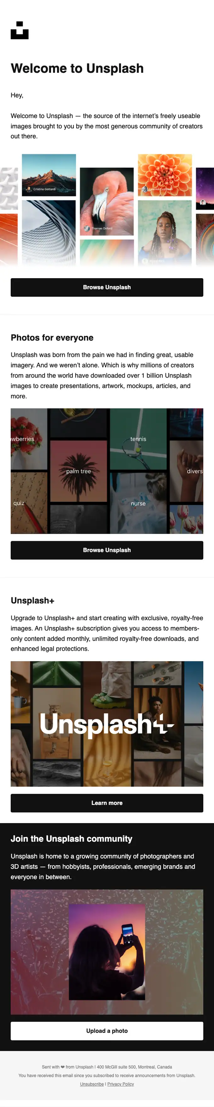 Unsplash welcome email, full length