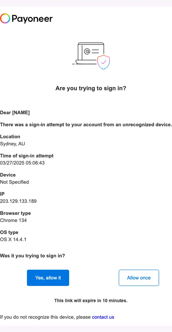 Payoneer Auth security alert email, full length