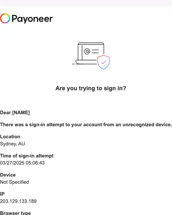 Payoneer Auth security alert email