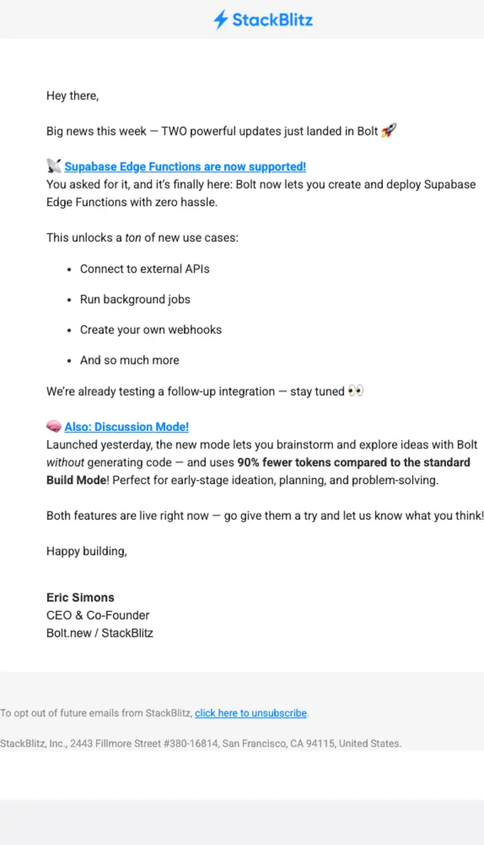 StackBlitz product launch email, full length
