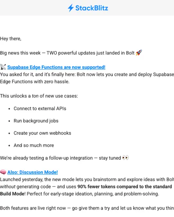 StackBlitz product launch email