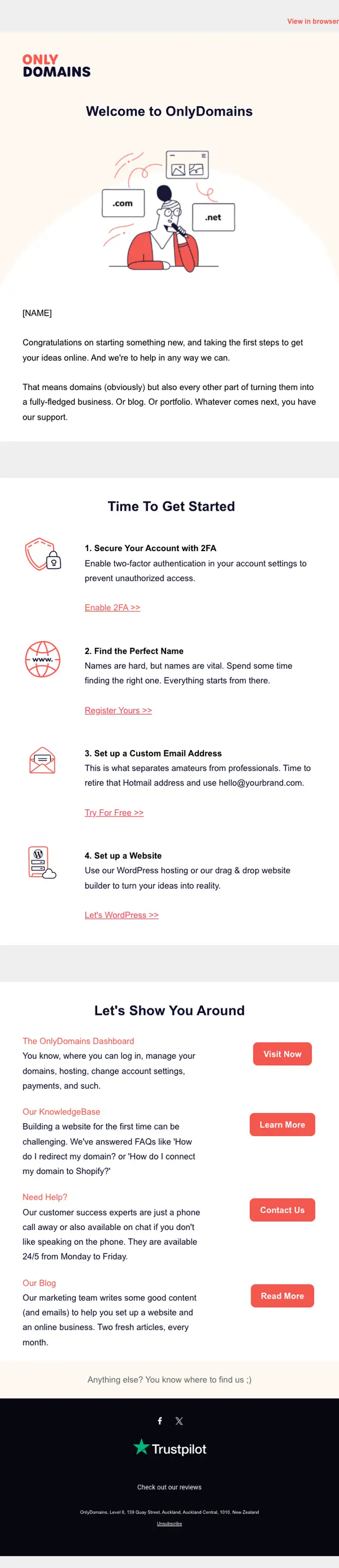 OnlyDomains welcome email, full length
