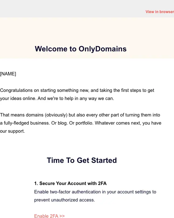 OnlyDomains welcome email