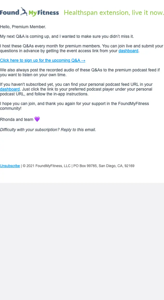 FoundMyFitness event invite email, full length
