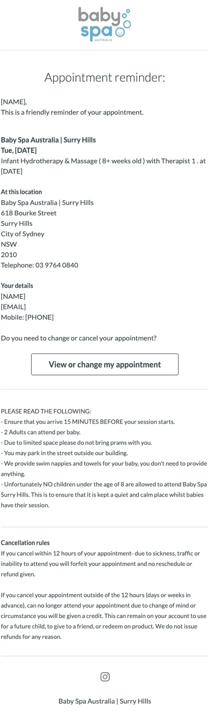 Baby Spa Australia | Surry Hills appointment email, full length