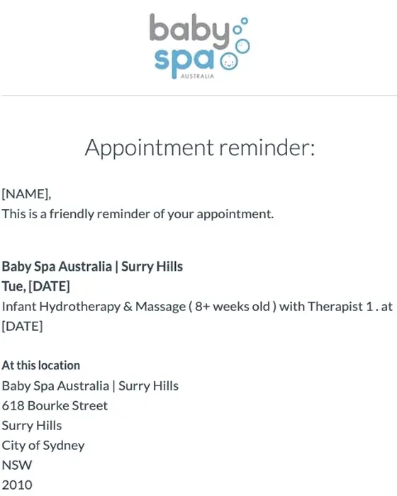 Baby Spa Australia | Surry Hills appointment email: A reminder of your appointment on Tue, 1 Apr 2025 1:00PM
