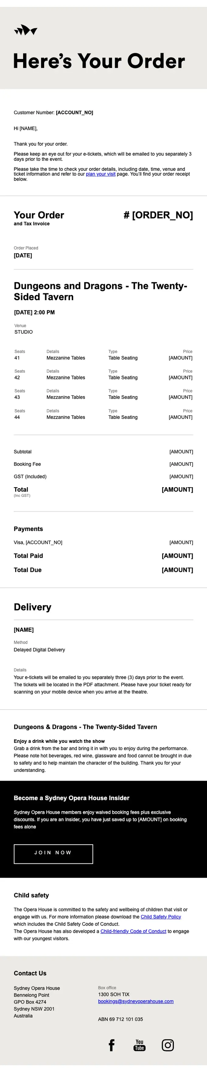 Sydney Opera House order confirmation email, full length
