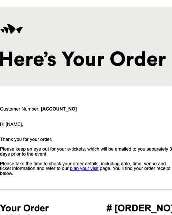 Sydney Opera House order confirmation email